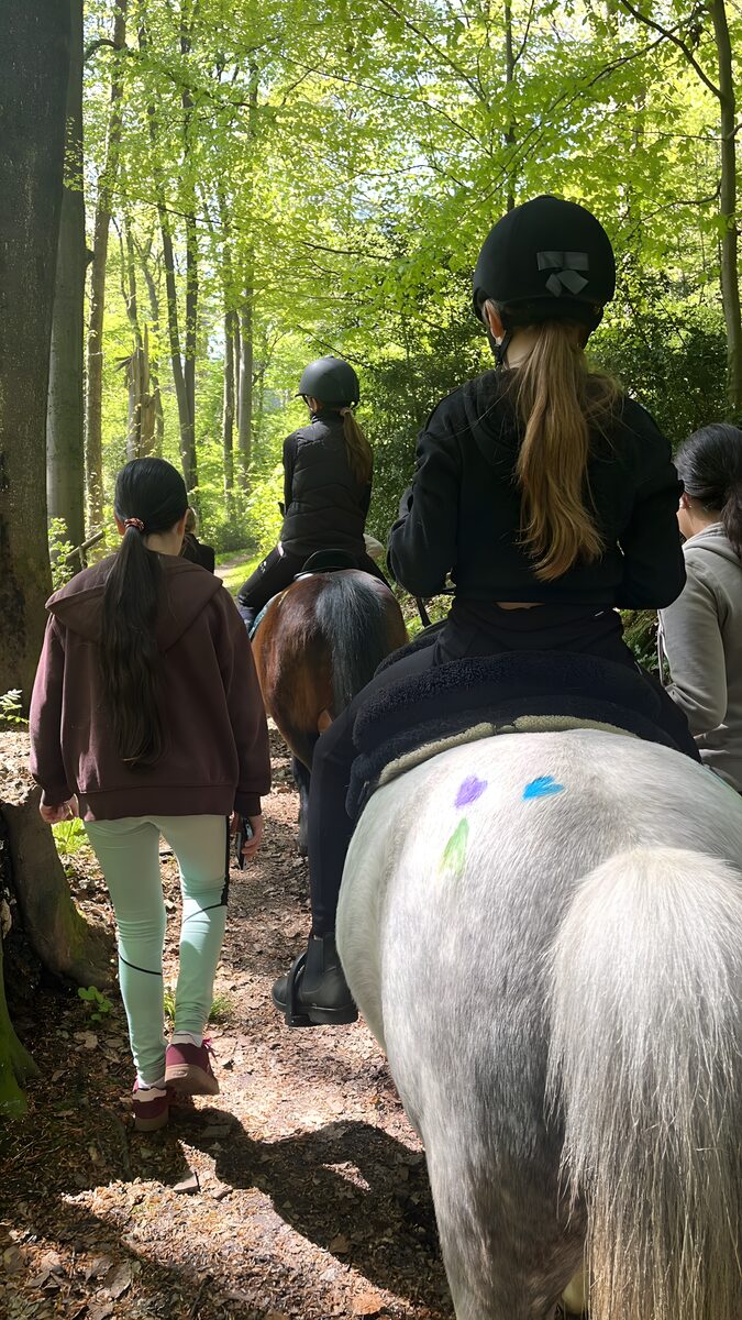 Kindergruppe reitet auf Ponys durch den Wald bei Witten-Bommern